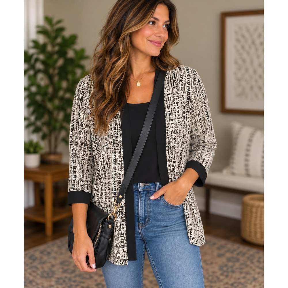 Soft Surroundings Black Cream Textured Knit Open Front Cardigan Jacket XL